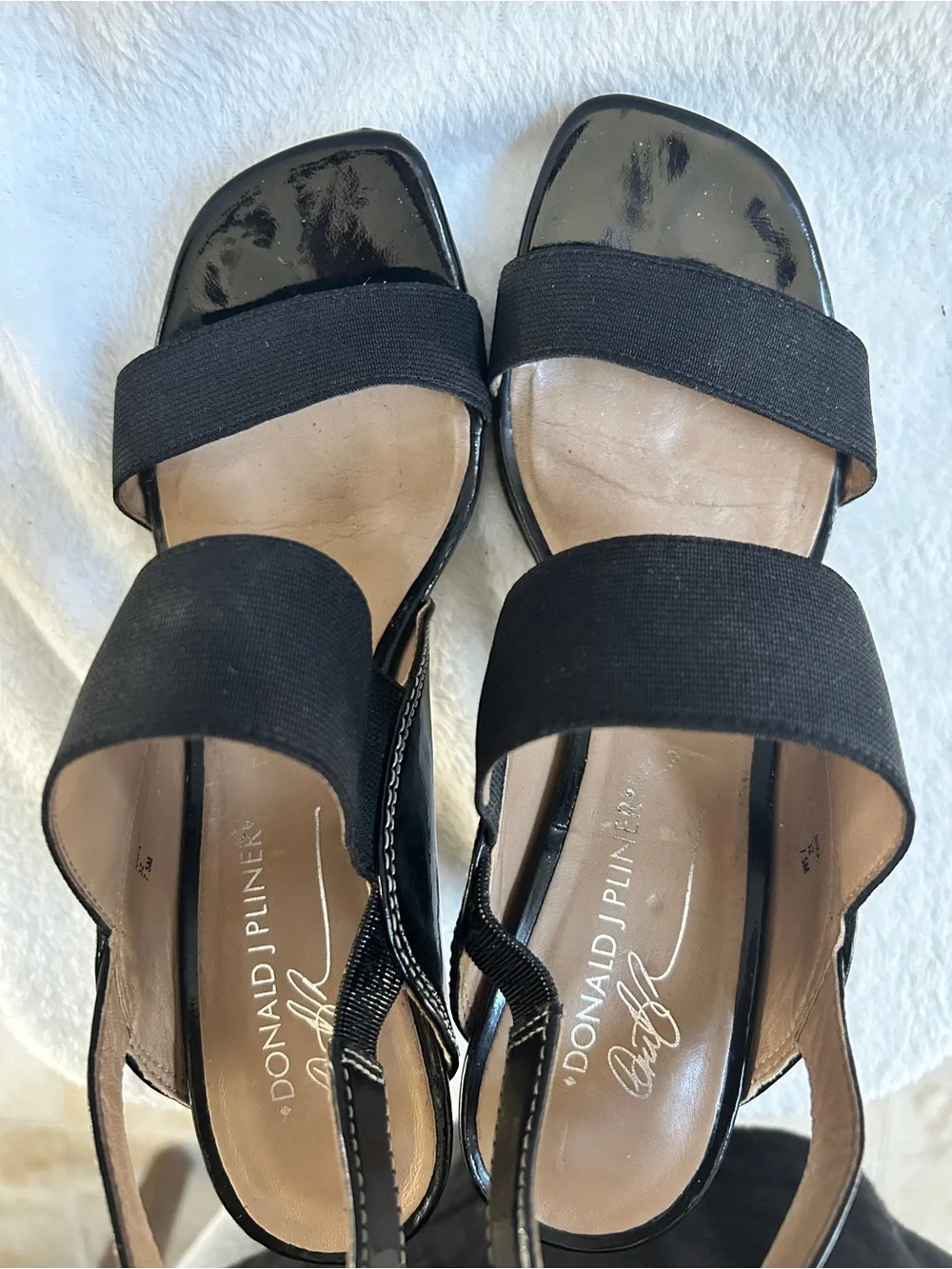 Donald J. Pliner Black Patent and Fabric Slingback Heels